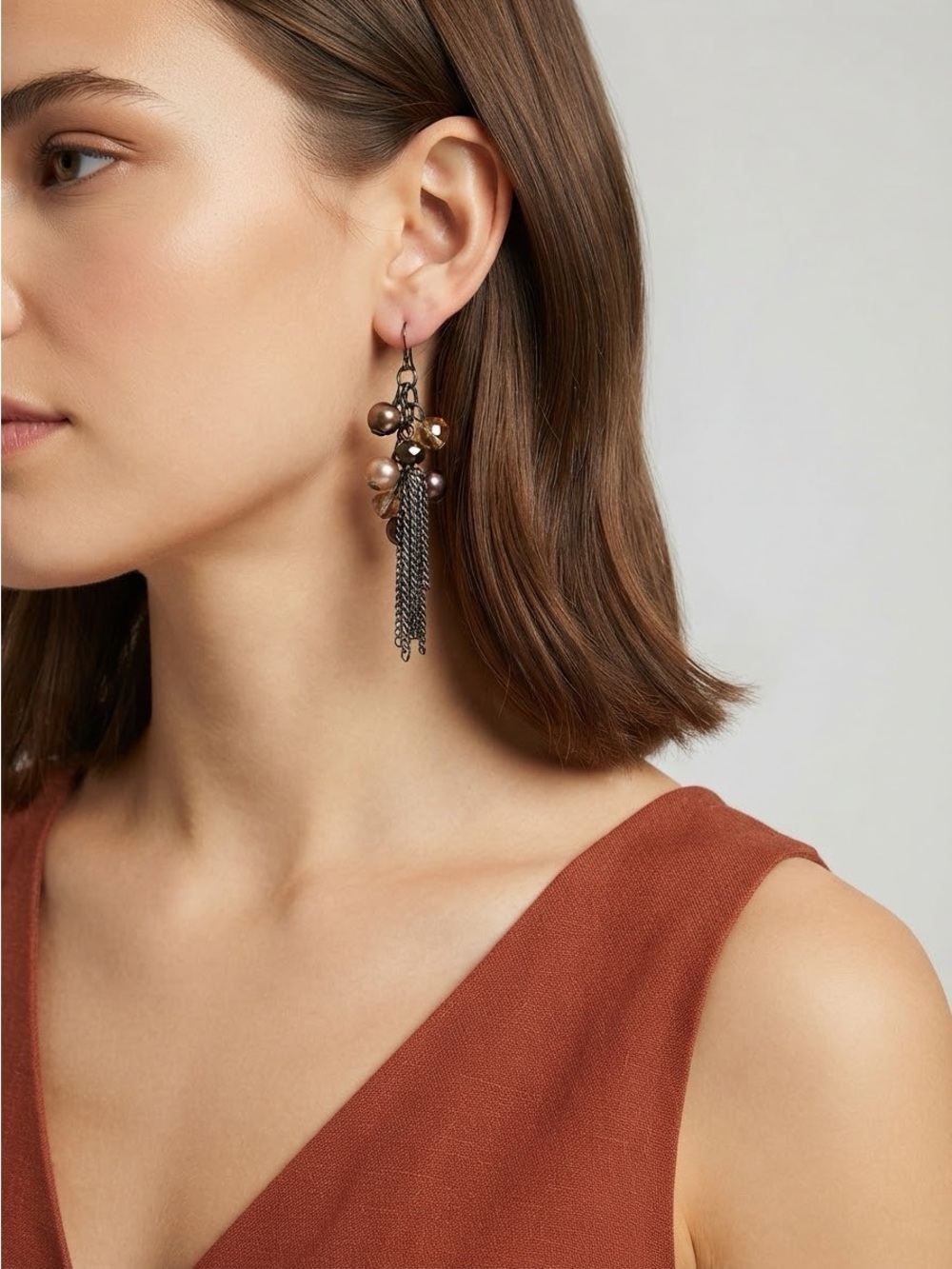 Boho Champagne Pearl & Smoky Quartz Tassel Earrings | Cluster Dangle Earrings